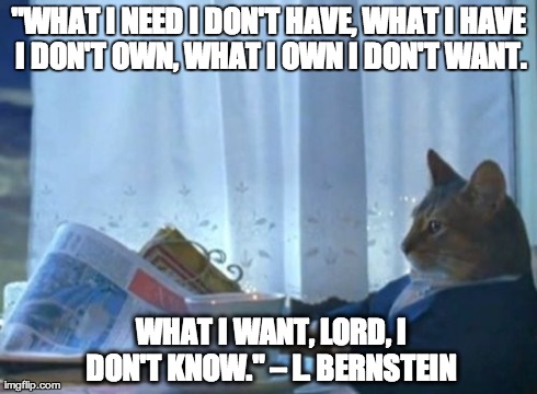 I Should Buy A Boat Cat Meme | "WHAT I NEED I DON'T HAVE,
WHAT I HAVE I DON'T OWN,
WHAT I OWN I DON'T WANT. 
WHAT I WANT, LORD, I DON'T KNOW." â€“ L. BERNSTEIN | image tagged in memes,i should buy a boat cat,Anticonsumption | made w/ Imgflip meme maker