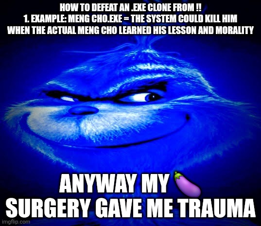 Dark Blue Grinch | How to defeat an .exe clone from !!
1. Example: meng cho.exe = the system could kill him when the actual meng cho learned his lesson and morality; Anyway my 🍆 surgery gave me trauma | image tagged in dark blue grinch | made w/ Imgflip meme maker