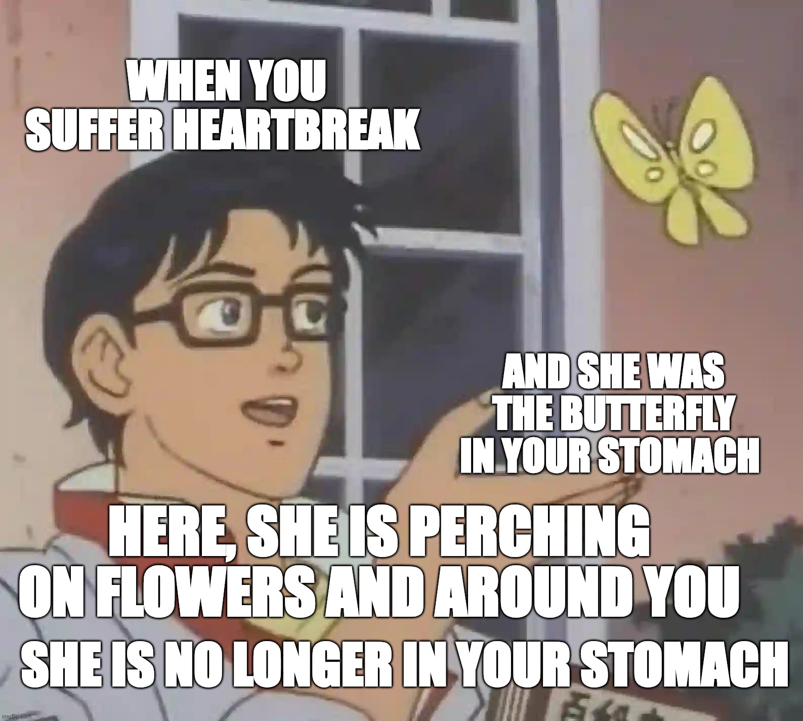 When love conquer all odds. | WHEN YOU SUFFER HEARTBREAK; AND SHE WAS THE BUTTERFLY IN YOUR STOMACH; HERE, SHE IS PERCHING ON FLOWERS AND AROUND YOU; SHE IS NO LONGER IN YOUR STOMACH | image tagged in memes,is this a pigeon | made w/ Imgflip meme maker