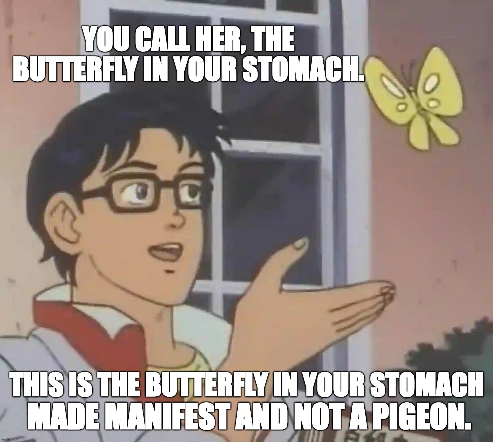 What is this? | YOU CALL HER, THE BUTTERFLY IN YOUR STOMACH. THIS IS THE BUTTERFLY IN YOUR STOMACH; MADE MANIFEST AND NOT A PIGEON. | image tagged in memes,is this a pigeon,remix | made w/ Imgflip meme maker