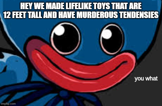 playtime co... why | HEY WE MADE LIFELIKE TOYS THAT ARE 12 FEET TALL AND HAVE MURDEROUS TENDENSIES | image tagged in you what huggy wuggy edition,poppy playtime | made w/ Imgflip meme maker