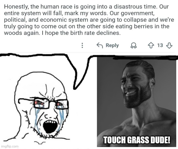 soyjak vs gigachad | Touch grass dude! | image tagged in memes,idiot,doomer | made w/ Imgflip meme maker