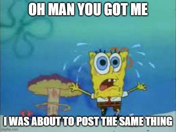 SpongeBob running from the inevitable | OH MAN YOU GOT ME I WAS ABOUT TO POST THE SAME THING | image tagged in spongebob running from the inevitable | made w/ Imgflip meme maker