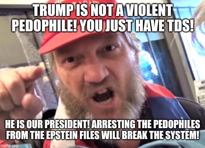 We want EVERYBODY from the files to be in prison. | Trump is not a violent pedophile! You just have tds! He is our president! Arresting the pedophiles from the epstein files will break the system! | image tagged in angry trumper maga white supremacist,epstein,trump,conservative logic,conservatives | made w/ Imgflip meme maker