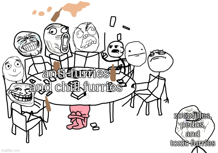 what we probably should be doing | anti-furries and chill furries; zoophiles, pedos, and toxic furries | image tagged in rage comic party | made w/ Imgflip meme maker