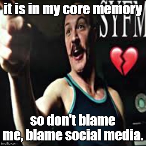 Syfm </3 | it is in my core memory so don't blame me, blame social media. | image tagged in syfm /3 | made w/ Imgflip meme maker