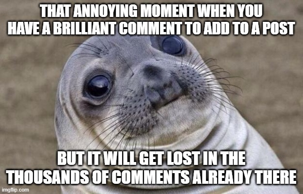 Awkward Moment Sealion | That annoying moment when you have a brilliant comment to add to a post; but it will get lost in the thousands of comments already there | image tagged in memes,awkward moment sealion | made w/ Imgflip meme maker