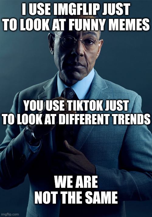 Image Title | I use imgflip just to look at funny memes; You use TikTok just to look at different trends; We are not the same | image tagged in gus fring we are not the same,memes,funny,tiktok | made w/ Imgflip meme maker