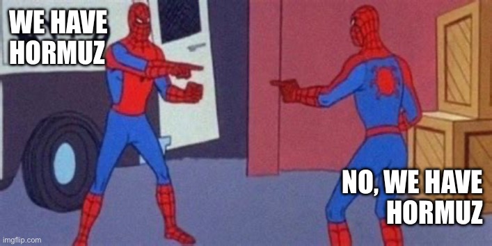 Iran vs Trump: Who controls the Straights of Hormuz | We have
Hormuz; No, we have
Hormuz | image tagged in multiple spidermans,trump,hormuz,persian gulf,blockade,iran war | made w/ Imgflip meme maker