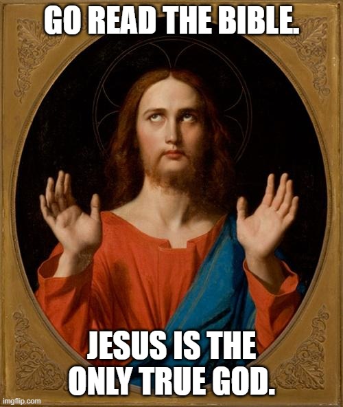 Jesus Is the Only True God | Go read the Bible. Jesus is the only true God. | image tagged in annoyed jesus,memes,jesus | made w/ Imgflip meme maker