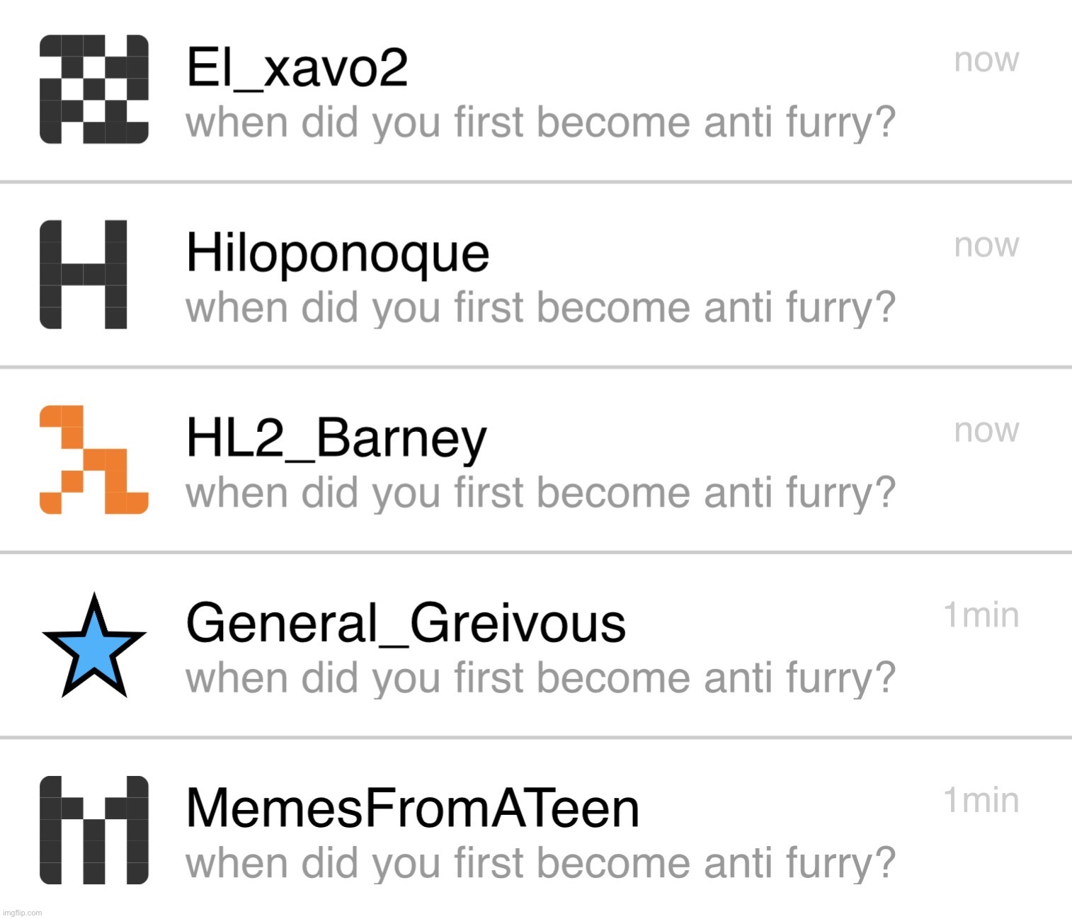 how do you feel about these 5 anti furries pfps? list each one and how you feel about them | made w/ Imgflip meme maker