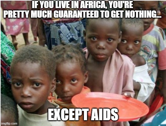 Life in Africa | If you live in africa, you're pretty much guaranteed to get nothing... except aids | image tagged in hungry african children | made w/ Imgflip meme maker