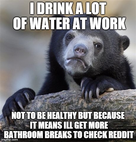 Confession Bear Meme | I DRINK A LOT OF WATER AT WORK NOT TO BE HEALTHY BUT BECAUSE IT MEANS ILL GET MORE BATHROOM BREAKS TO CHECK REDDIT | image tagged in memes,confession bear,AdviceAnimals | made w/ Imgflip meme maker