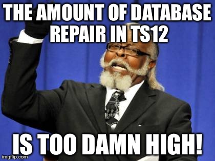 Too Damn High Meme | THE AMOUNT OF DATABASE REPAIR IN TS12 IS TOO DAMN HIGH! | image tagged in memes,too damn high | made w/ Imgflip meme maker