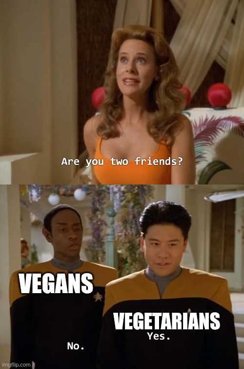 Vegans vs. Vegetarians | Vegans; vegetarians | image tagged in are you two friends | made w/ Imgflip meme maker