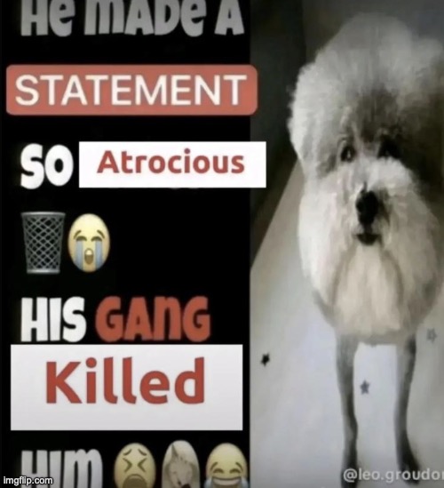 he made a statement so atrocious his gang killed him | image tagged in he made a statement so atrocious his gang killed him | made w/ Imgflip meme maker