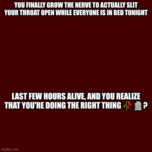 should I do this? I mean I'm not needed here, I wouldn't be missed. I just hurt those who I know and love | You finally grow the nerve to actually slit your throat open while everyone is in bed tonight; Last few hours alive, and you realize that you're doing the right thing 🥀🪦? | made w/ Imgflip meme maker