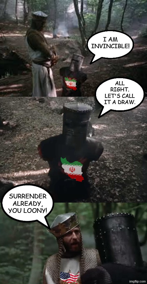 'Tis but a scratch! | I am invincible! all right. let's call it a draw. surrender already, you loony! | image tagged in monty python and the holy grail,iran,iran war 2026 | made w/ Imgflip meme maker