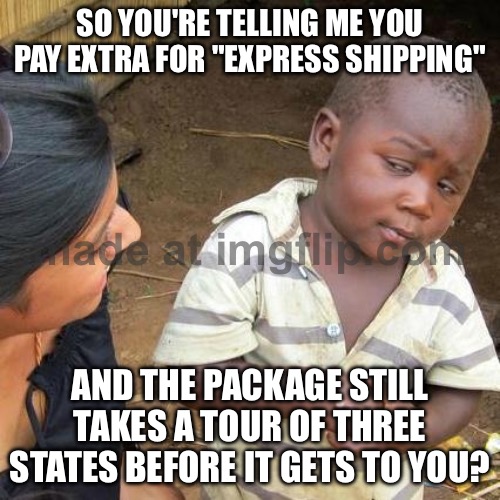 SO YOU'RE TELLING ME YOU PAY EXTRA FOR "EXPRESS SHIPPING" | SO YOU'RE TELLING ME YOU PAY EXTRA FOR "EXPRESS SHIPPING"; AND THE PACKAGE STILL TAKES A TOUR OF THREE STATES BEFORE IT GETS TO YOU? | image tagged in memes,third world skeptical kid,shipping,shopping,online shopping,fedex | made w/ Imgflip meme maker