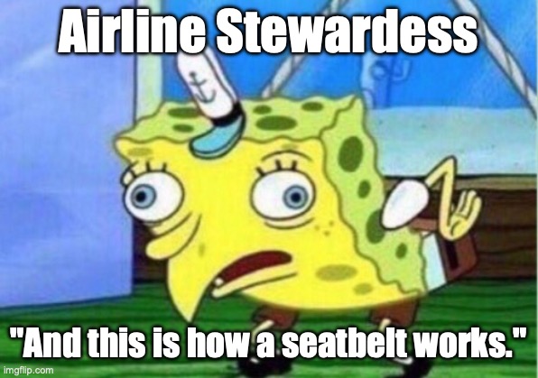Airlines be like | Airline Stewardess; "And this is how a seatbelt works." | image tagged in memes,mocking spongebob | made w/ Imgflip meme maker