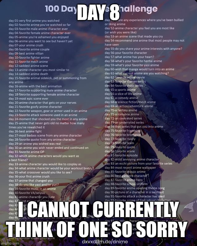 Been too long since I done this | Day 8; I cannot currently think of one so sorry | image tagged in 100 day anime challenge | made w/ Imgflip meme maker