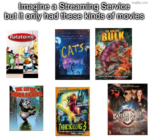 Imagine | Imagine a Streaming Service but it only had these kinds of movies | image tagged in blank white template,the amazing bulk,kung fu panda,ripofff | made w/ Imgflip meme maker