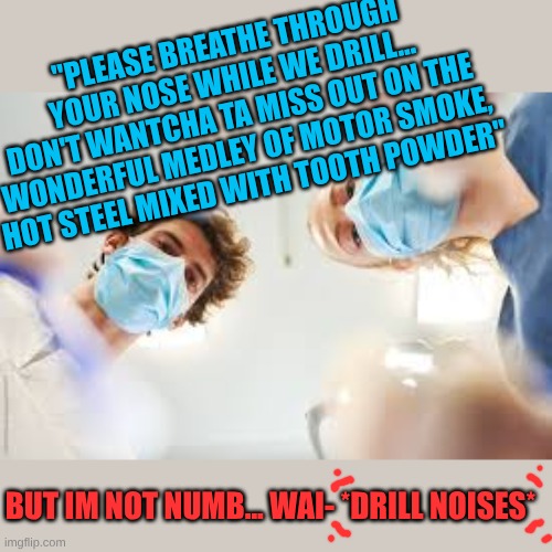 literally every damn time | "please breathe through
your nose while we drill...
don't wantcha ta miss out on the
wonderful medley of motor smoke,
hot steel mixed with tooth powder"; but im not numb... wai- *drill noises* | image tagged in tooth,dentists,sadistic dentists,dentist,pov | made w/ Imgflip meme maker