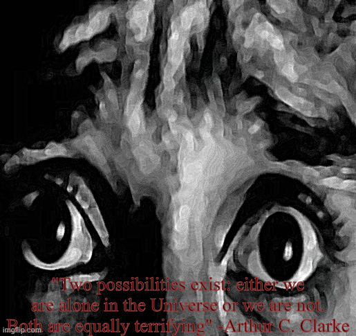 one of my favorite quotes | "Two possibilities exist: either we are alone in the Universe or we are not. Both are equally terrifying" -Arthur C. Clarke | made w/ Imgflip meme maker