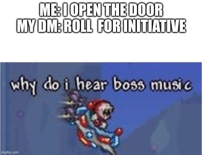 why do i hear boss music | Me: I open the door
My DM: roll  for initiative | image tagged in why do i hear boss music | made w/ Imgflip meme maker
