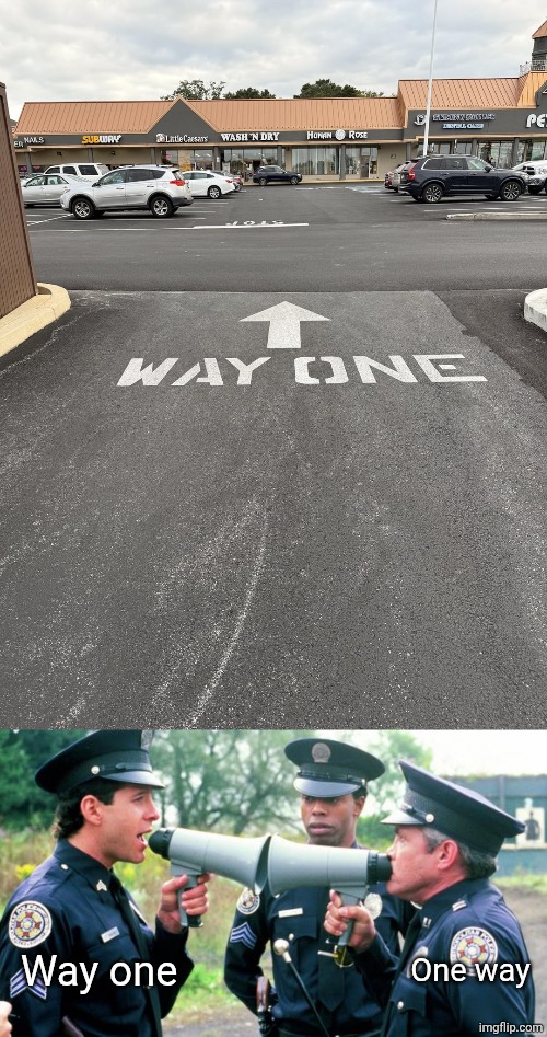 *One way | Way one; One way | image tagged in police arguing,one way,way one,road,memes,you had one job | made w/ Imgflip meme maker