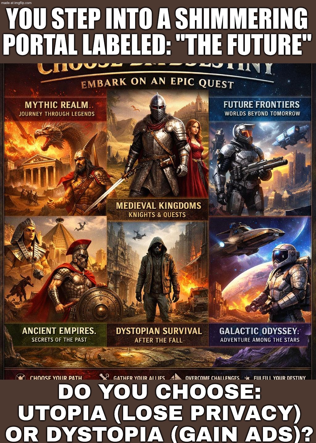 OPEN THE “CHOOSE YOUR OWN ADVENTURE” BOOK; REALIZE EVERY OPTION IS JUST DIFFERENT FLAVORS OF DYSTOPIA | YOU STEP INTO A SHIMMERING PORTAL LABELED: "THE FUTURE"; DO YOU CHOOSE: UTOPIA (LOSE PRIVACY) OR DYSTOPIA (GAIN ADS)? | image tagged in choose your own adventure,adventure time,adventure,choose,dystopia,futuristic utopia | made w/ Imgflip meme maker