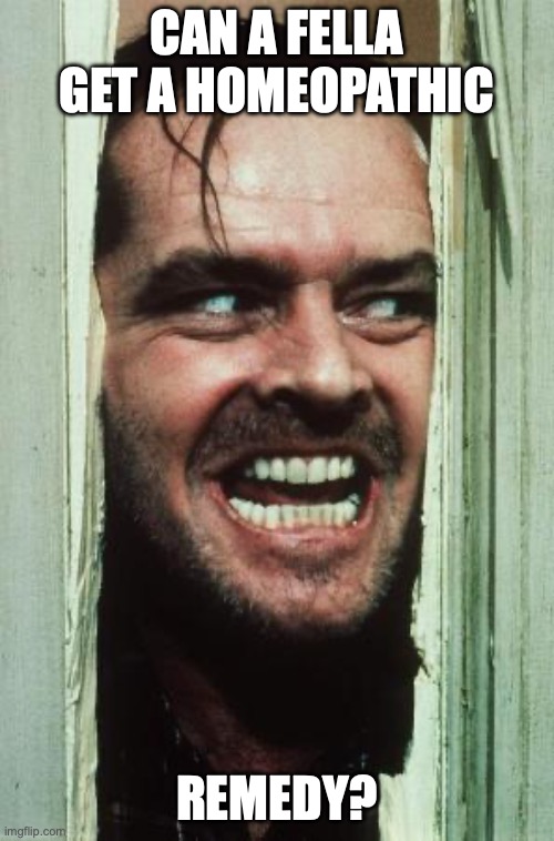 Here's Johnny Meme | can a fella get a homeopathic; remedy? | image tagged in memes,here's johnny | made w/ Imgflip meme maker