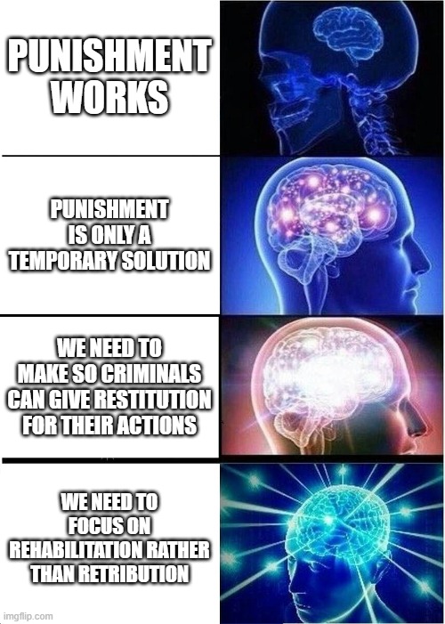 Thinking really DOES work.... | Punishment works; Punishment is only a temporary solution; We need to make so criminals can give restitution for their actions; We need to focus on rehabilitation rather than retribution | image tagged in memes,expanding brain | made w/ Imgflip meme maker