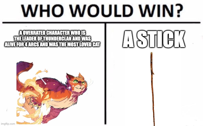 Who Would Win? | A overrated character who is the leader of ThunderClan and was alive for 4 arcs and was the most loved cat; A stick | image tagged in memes,who would win,warrior cats | made w/ Imgflip meme maker
