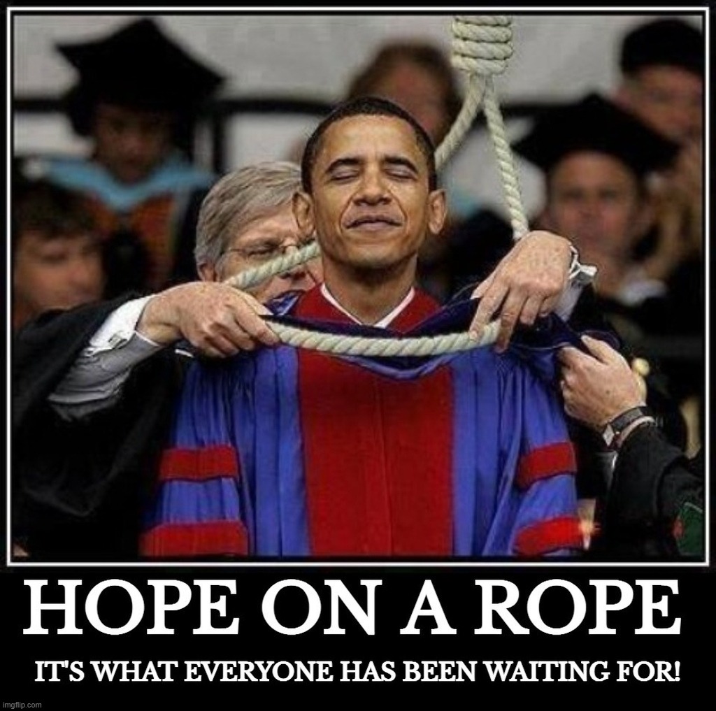 Hope on a Rope: It's What Everyone Has Been Waiting For! | image tagged in barack obama,hope and change,change we can believe in,sedition,treason,hanging out | made w/ Imgflip meme maker