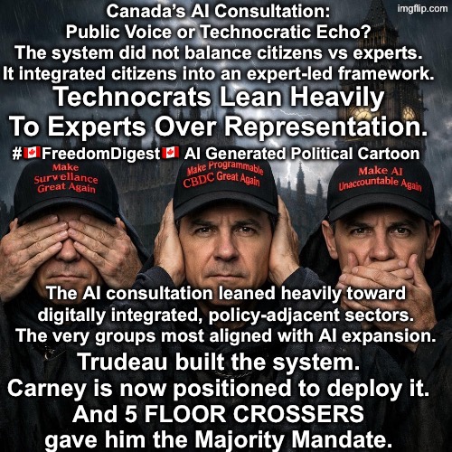The 5 Floor Crossing Repercussion | Canada’s AI Consultation: Public Voice or Technocratic Echo?

The system did not balance citizens vs experts.
It integrated citizens into an expert-led framework. Technocrats Lean Heavily To Experts Over Representation. #🇨🇦FreedomDigest🇨🇦 AI Generated Political Cartoon; The AI consultation leaned heavily toward digitally integrated, policy-adjacent sectors.
The very groups most aligned with AI expansion. Trudeau built the system.
Carney is now positioned to deploy it.
And 5 FLOOR CROSSERS gave him the Majority Mandate. | made w/ Imgflip meme maker