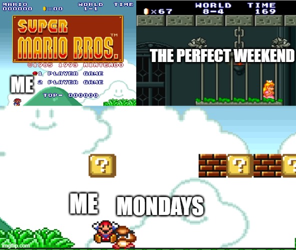 Mario vs Goomba | the perfect weekend; me; mondays; me | image tagged in mario vs goomba | made w/ Imgflip meme maker