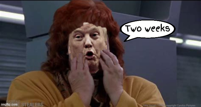 Trump two weeks | Two weeks | image tagged in trump two weeks,taco 2 weeks,you'll know in 2 weeks,maga mars,total no recall | made w/ Imgflip meme maker