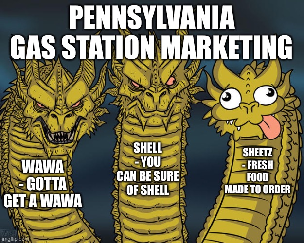 Three-headed Dragon | Pennsylvania Gas Station Marketing; Shell - you can be sure of shell; Sheetz - fresh food made to order; Wawa - gotta get a wawa | image tagged in three-headed dragon | made w/ Imgflip meme maker