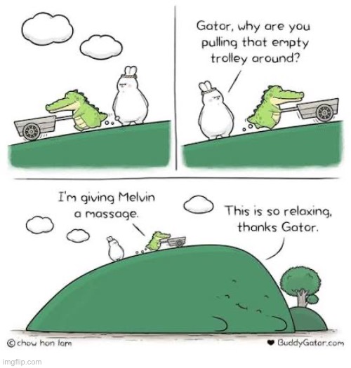 Buddy Gator | image tagged in comics,buddy gator,rabbit,empty trolley,pulling around,massage | made w/ Imgflip meme maker