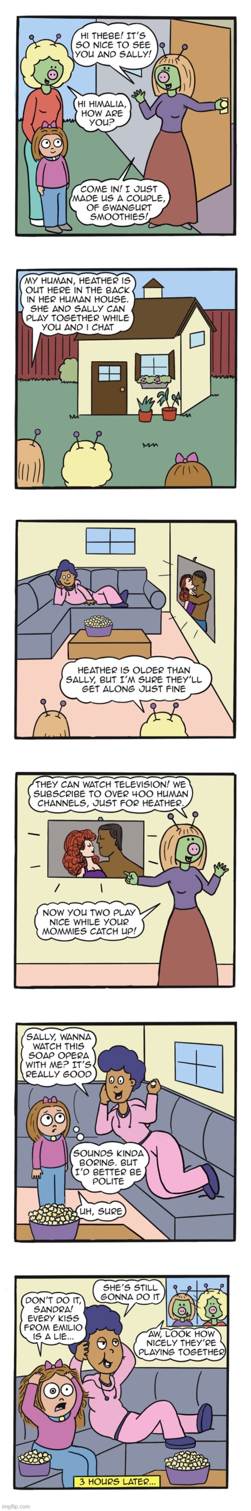 image tagged in aliens,humans,sally,heather,house,tv | made w/ Imgflip meme maker