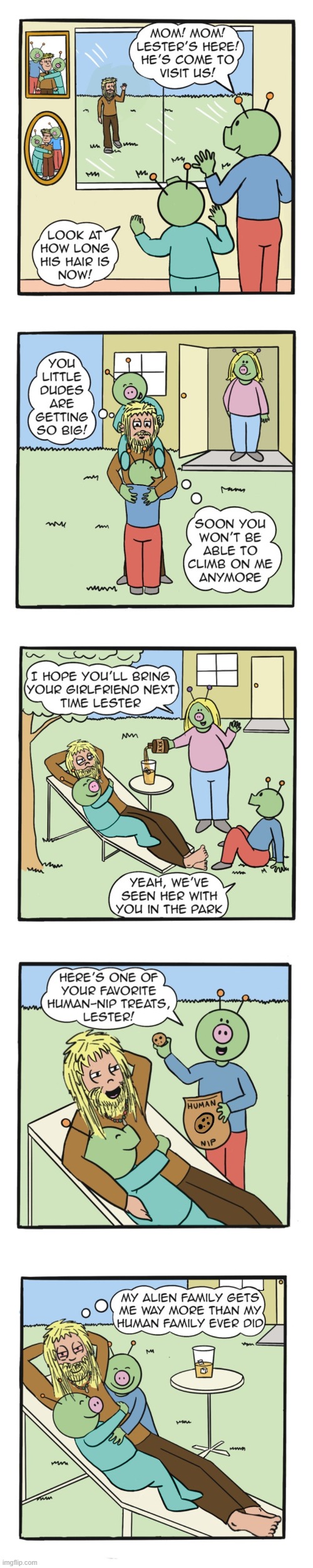 image tagged in human,lester,aliens,family,weed,catnip | made w/ Imgflip meme maker