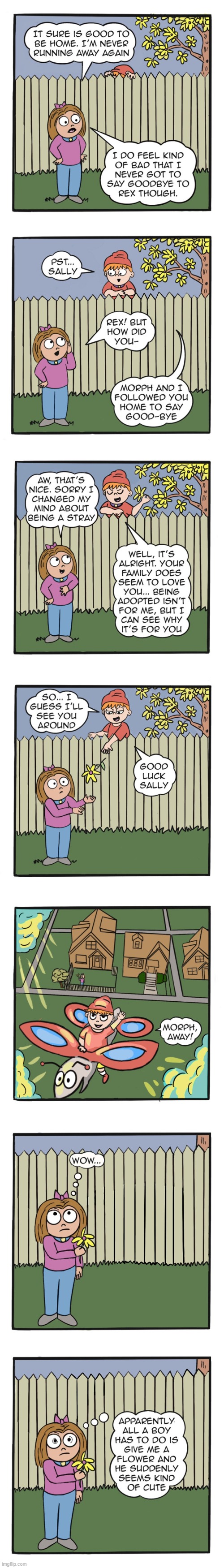 image tagged in humans,sally,rex,goodbye,flower,cute | made w/ Imgflip meme maker