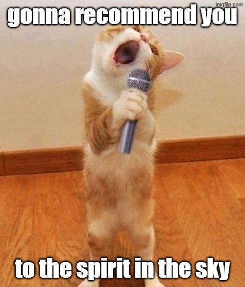 Happy birthday day  Maureeeennn from the singing cat!  | gonna recommend you to the spirit in the sky | image tagged in happy birthday day maureeeennn from the singing cat | made w/ Imgflip meme maker