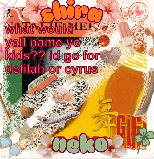 dont hit me with the ‘not having kids’, it’s js a hypothetical | what would yall name yo kids?? id go for delilah or cyrus | image tagged in neko and shira shared temp 3 | made w/ Imgflip meme maker