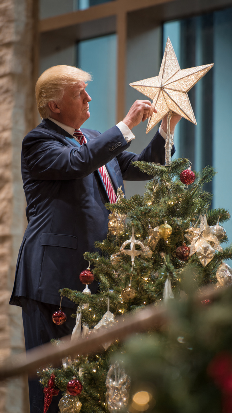 Donald Trump puts the star on the Christmas tree Blank Meme Template
