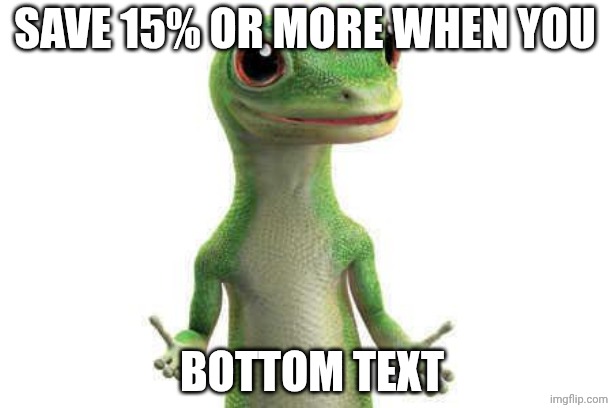 Geico  | Save 15% or more when you; Bottom Text | image tagged in geico | made w/ Imgflip meme maker