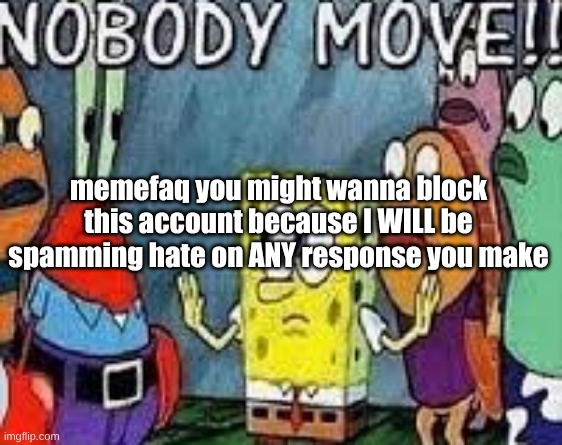 NOBODY MOVE!! | memefaq you might wanna block this account because I WILL be spamming hate on ANY response you make | image tagged in nobody move | made w/ Imgflip meme maker