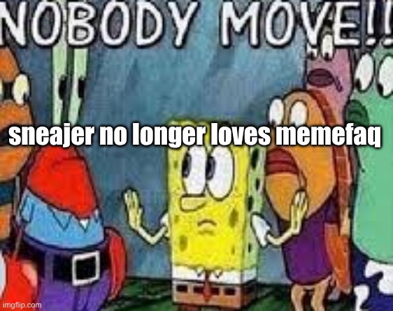 NOBODY MOVE!! | sneajer no longer loves memefaq | image tagged in nobody move | made w/ Imgflip meme maker