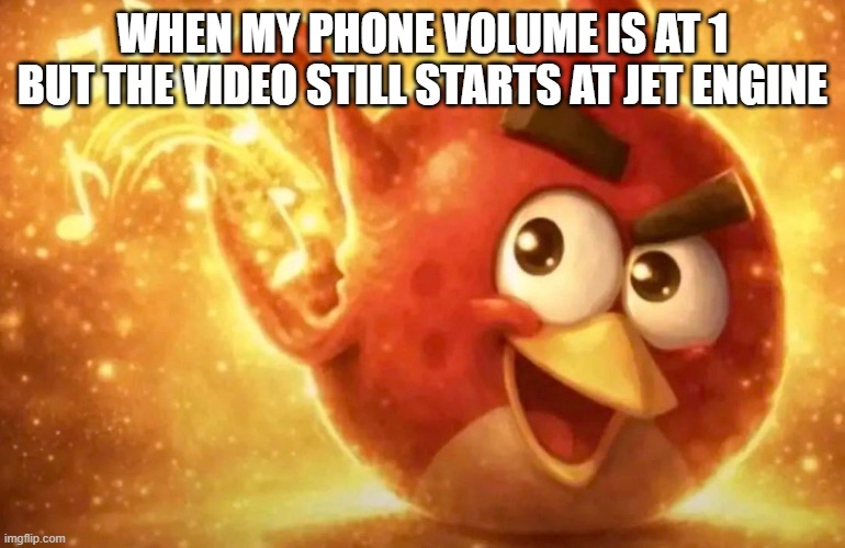 Angry Bird with ear open | When my phone volume is at 1 but the video still starts at JET ENGINE | image tagged in angry bird with ear open | made w/ Imgflip meme maker